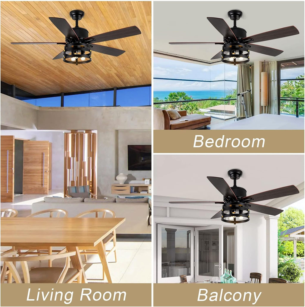 52 Inch Ceiling Fan with Light, Farmhouse Ceiling Fan with 5 Wood Dual Finish Blades,DC Motor Ceiling Fan High Airflow,Indoor Outdoor Ceiling Fans for Patios,Living Room(52Inch,Black)
