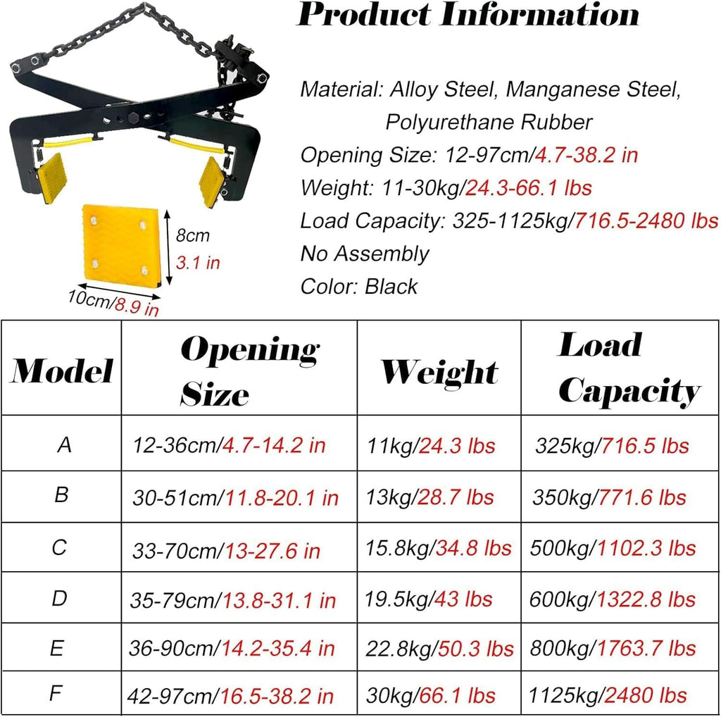 Heavy Duty Granite Steel Plate Lifting Clamps with Rubber Chuck - Chain Link Type, Vertical Clamp for Safe Lifting,Black-Opening 4.7-14.2in