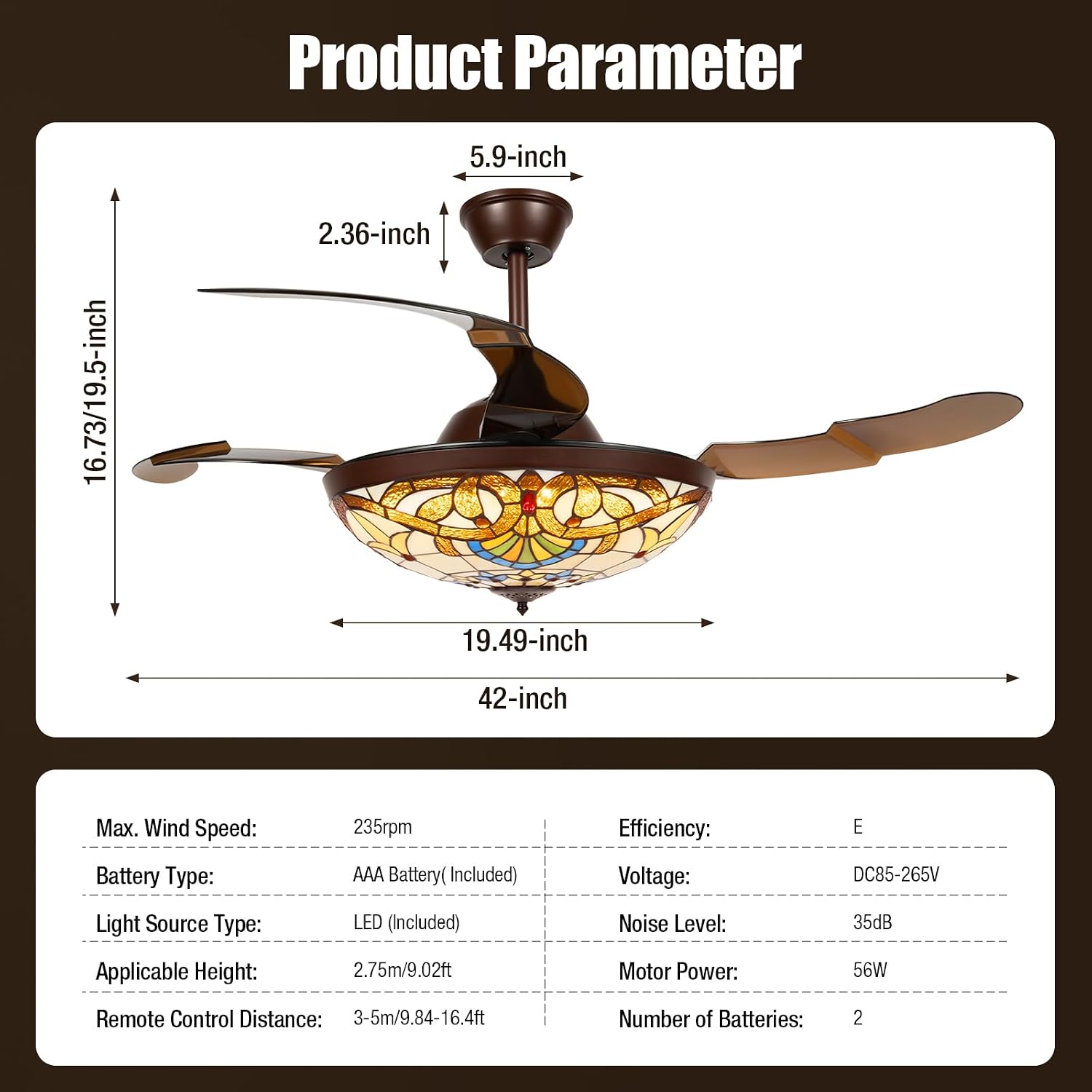 42' Tiffany Style Retractable Ceiling Fan Light Invisible Ceiling Fan Retro Stained Glass LED Dimmable Chandelier with Remote 3-Color Changes and 6-Speed for Home, Bar, Restaurant, Hotel, Cafe
