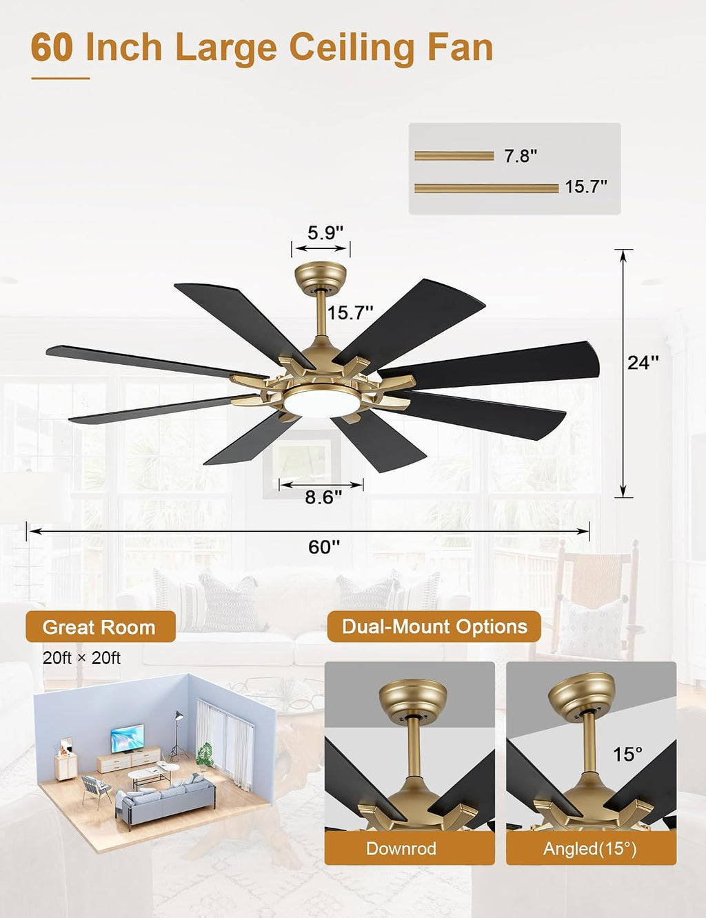 60 Inch Ceiling Fans with Lights, Black and Gold Modern Ceiling Fan with Remote Control for Living Room Kitchen, 3 CCT, 6 Speed Reversible DC Motor