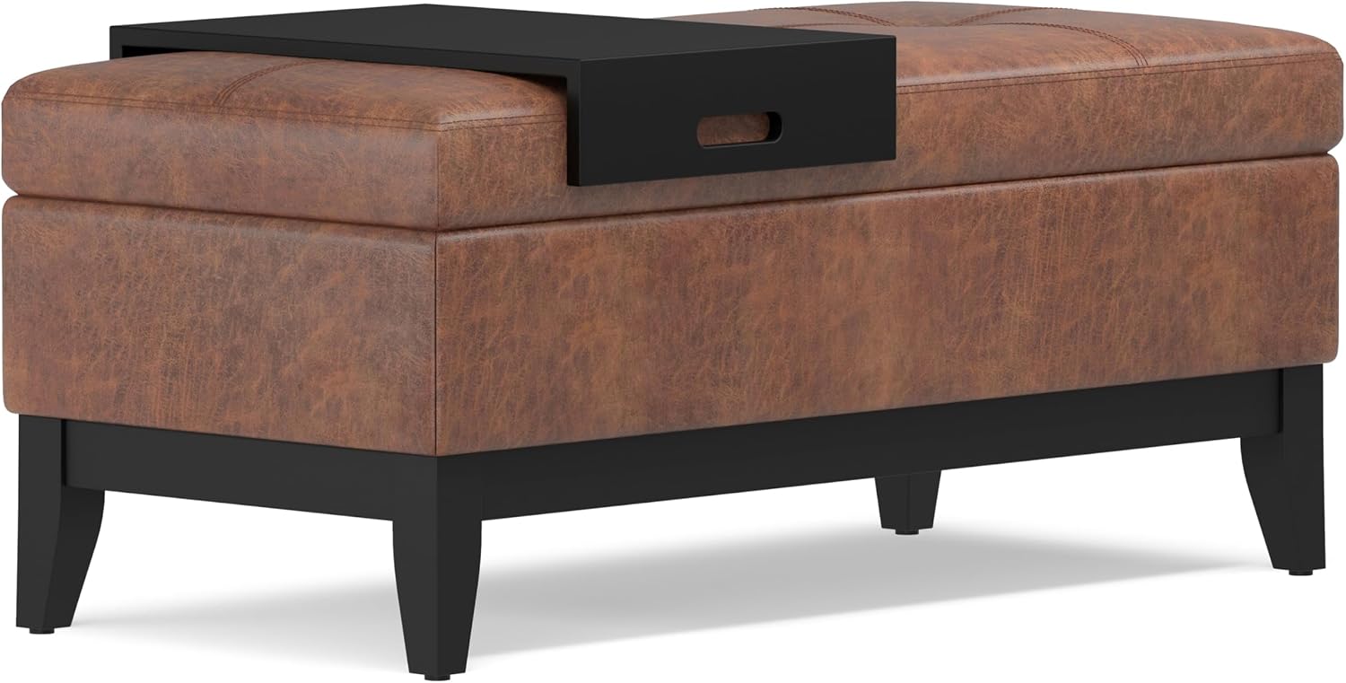 SIMPLIHOME Oregon Storage Ottoman Bench with Tray - 42 inch Wide Vegan Leather Rectangle Storage Ottoman Bench in Distressed Saddle Brown, Transitional Tufted Ottoman for Living Room with Lift-Up Lid