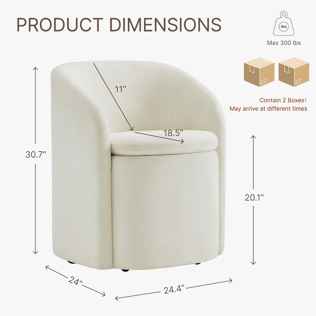 KISLOT Upholstered Dining Chairs with Casters, No Assembly Rolling Modern Dining Room Chairs with Hidden Storage & Barrel Backrest, Accent Chair for Bedroom, Living Room, Dressing, Linen, Set of 2