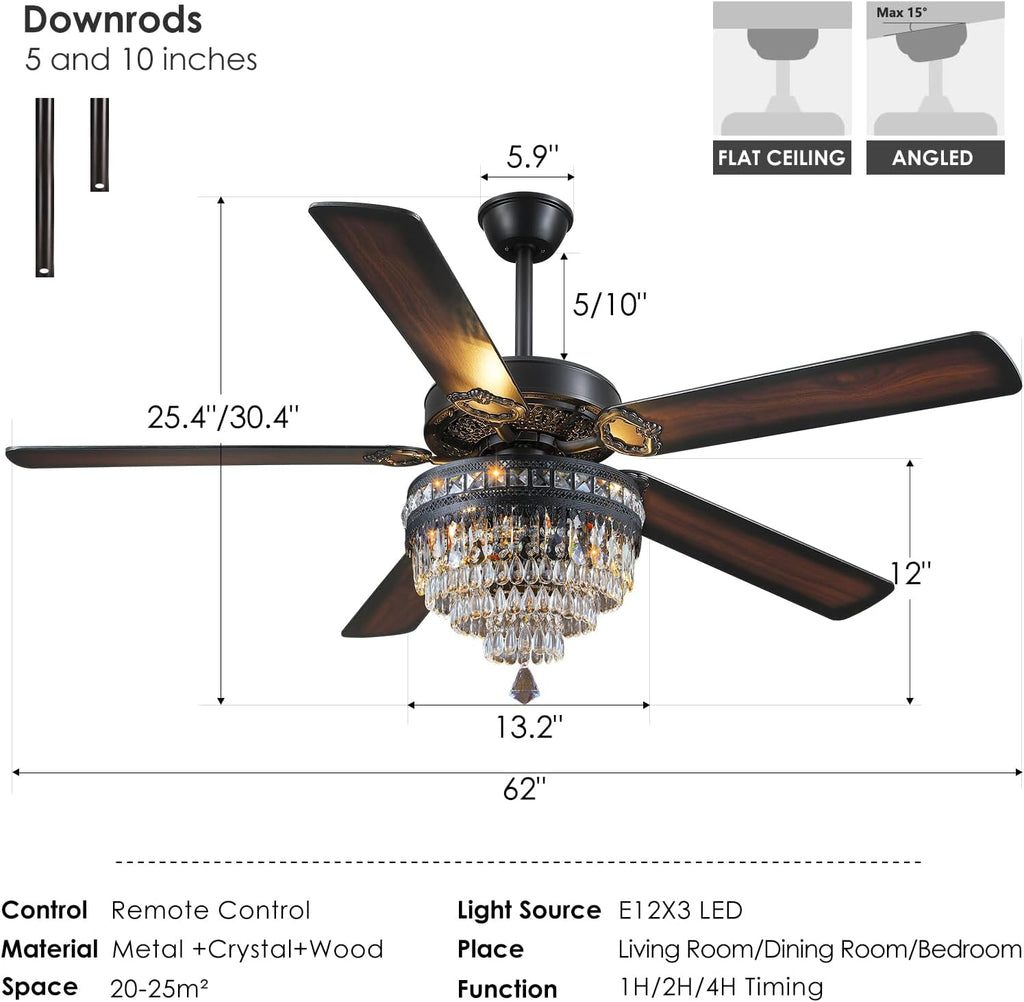Asyko 62' Crystal Ceiling Fan Fandelier with Lights - Black Modern Crystal Chandelier Fans with Remote Control，Noiseless DC Motor, Retro/Farmhouse Lighting, Dining Room， Living Room