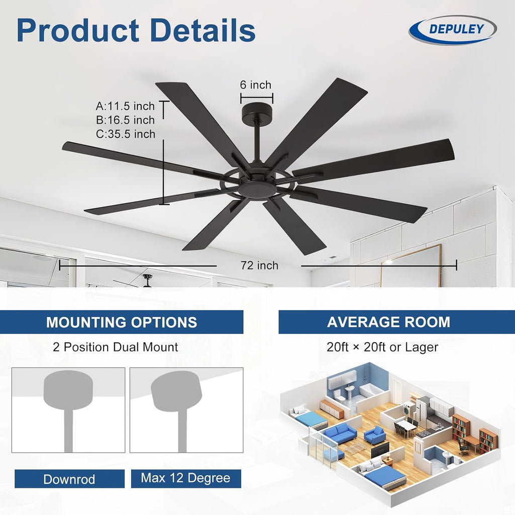 Ceiling Fan Without Light: 72 Inch Big Indoor Outdoor Fan with Remote APP Control - Black Wood Grain Large Ceiling Fan no Light 8 Blade Reversible Quiet DC Motor Memory Function Timer