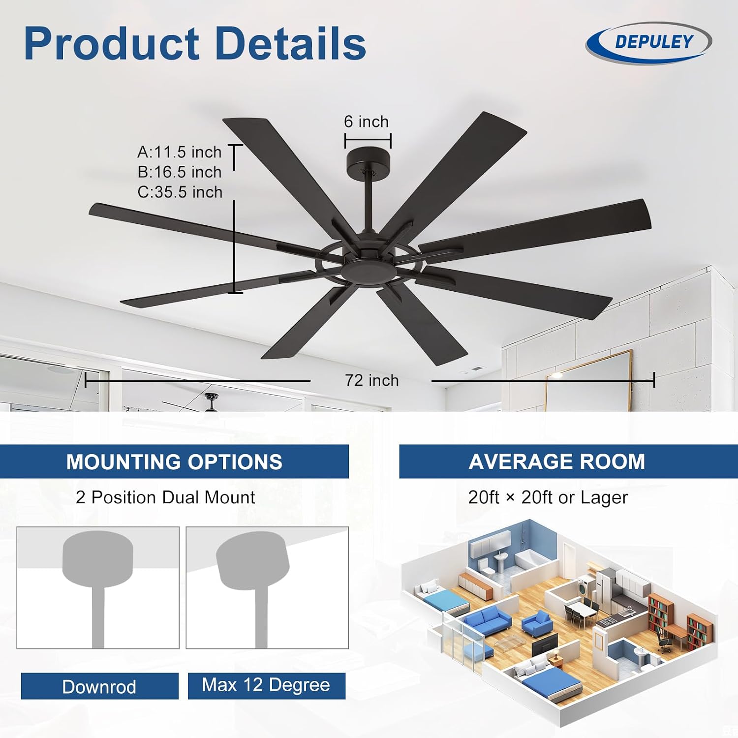 Ceiling Fan Without Light: 72 Inch Big Indoor Outdoor Fan with Remote APP Control - Black Wood Grain Large Ceiling Fan no Light 8 Blade Reversible Quiet DC Motor Memory Function Timer