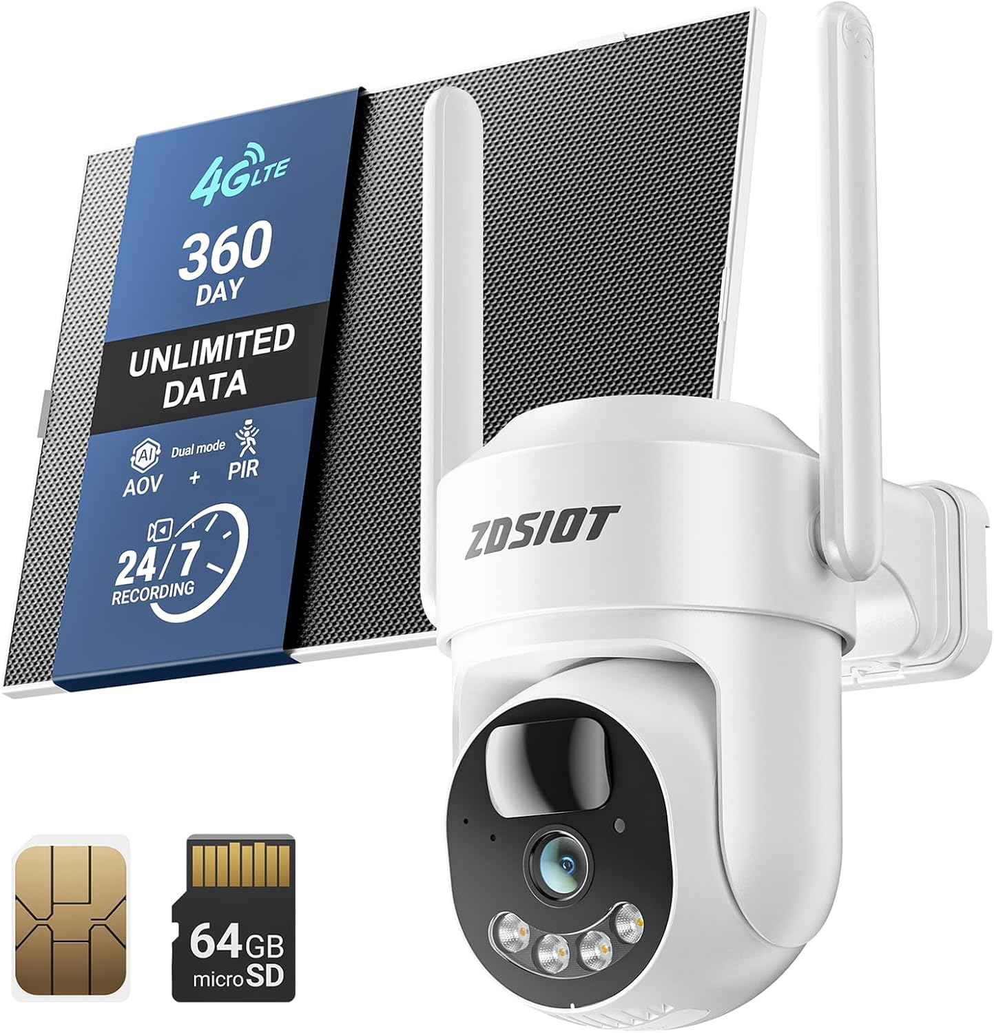 4MP Cellular Security Camera 24/7 Recording with 360-Day SIM Data for Jobsite/Barn/Rural Areas, No WiFi Solar 4G LTE Camera Wireless Outdoor, Motion Detection, 360° Human Tracking, 64GB TF Card