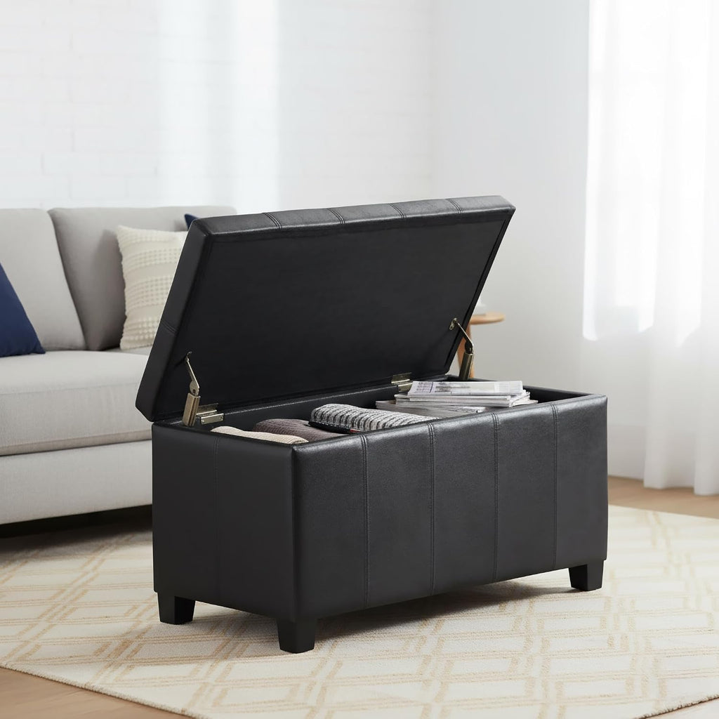 SIMPLIHOME Dover Storage Ottoman Bench - 36 inch Wide Upholstered Vegan Leather Rectangle Storage Ottoman Bench in Distressed Graphite Black, Contemporary Ottoman for Living Room with Lift-Up Lid