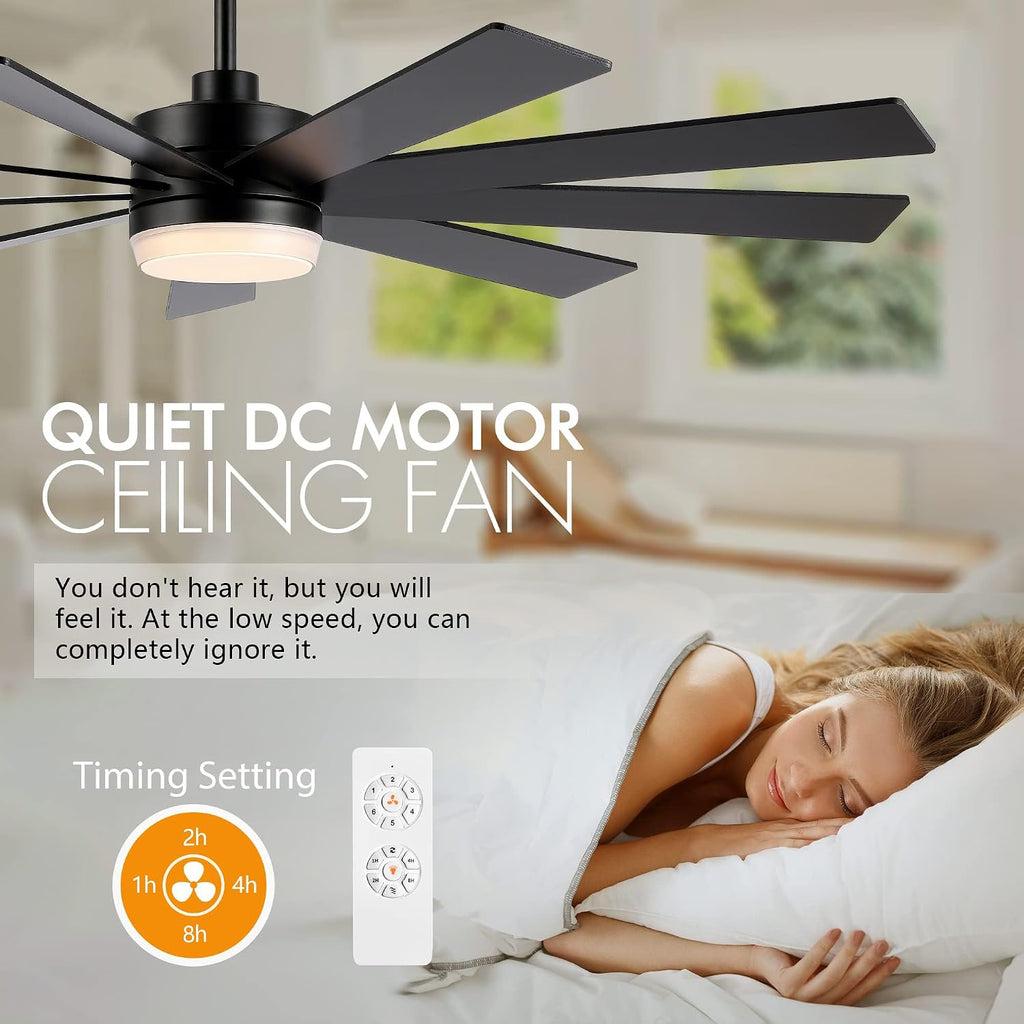 LEDLUX 72' Ceiling Fan with Light Black, 6-Speed Remote Control, Reversible DC Motor, Modern 9 Blades with 4.5'/12'/24' Downrods for Home or Commercial, Living Room/Restaurant