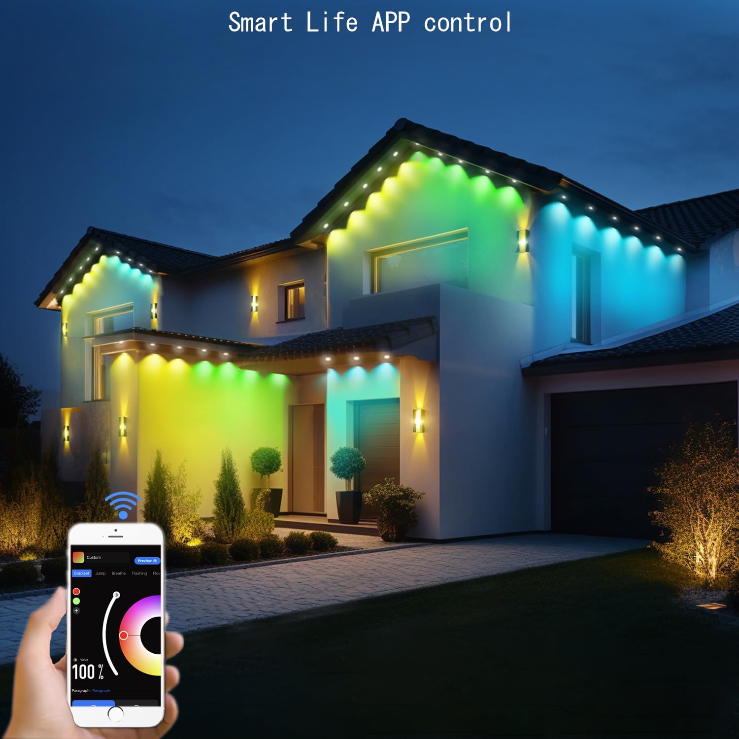 Rosykite Outdoor Christmas Lights - 50ft Smart RGB+IC Color Eaves Lights with 63 Scene, IP67 Waterproof, Alexa & Google Assistant Voice Control