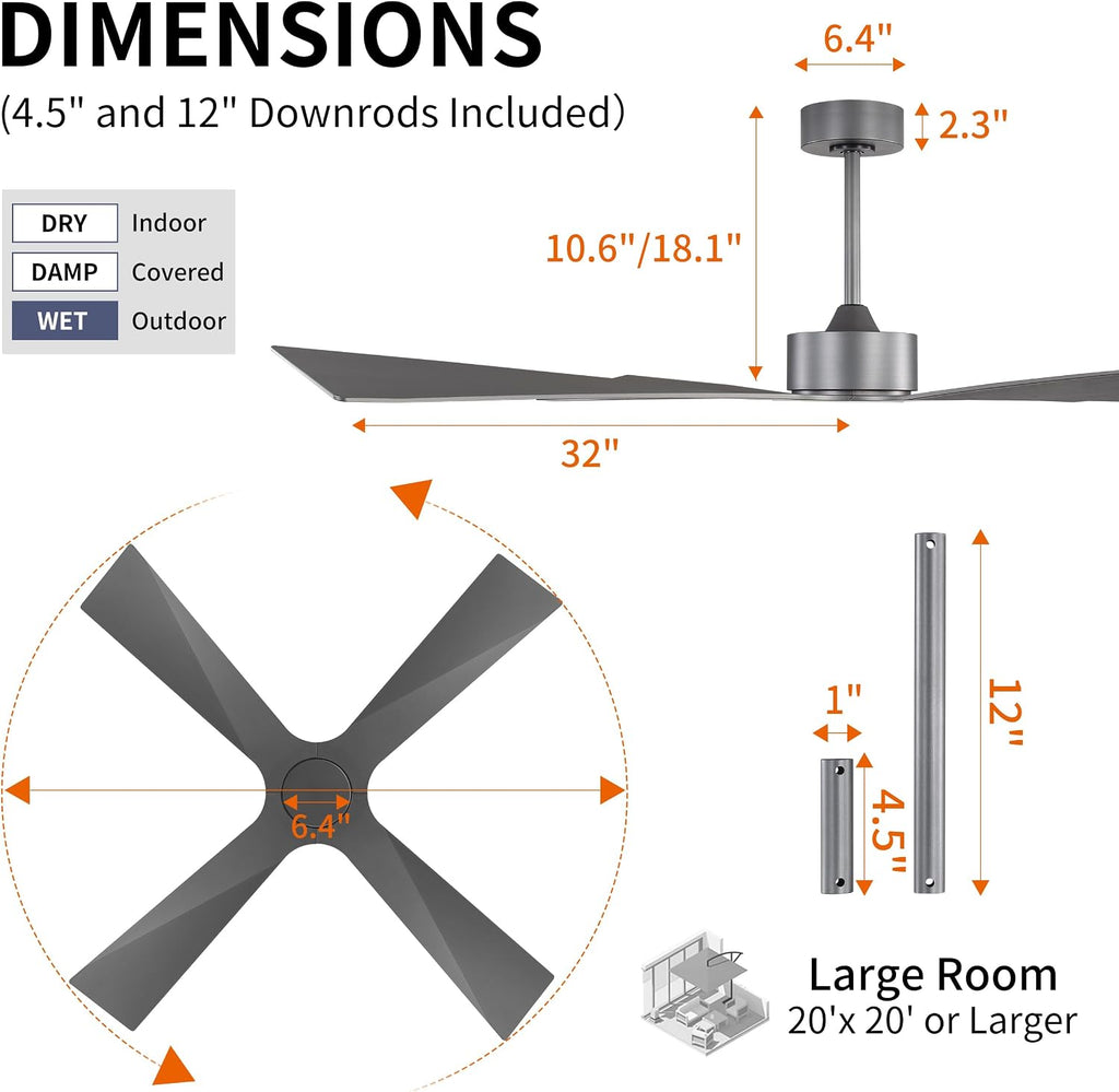 WINGBO 64' Wet Rated Outdoor Ceiling Fan without Lights, 4 ABS Plastic Blades, 6-Speed Reversible Quiet DC Motor, Waterproof Ceiling Fan No Lights for Patio Porch Gazebo Garage, Brushed Graphite