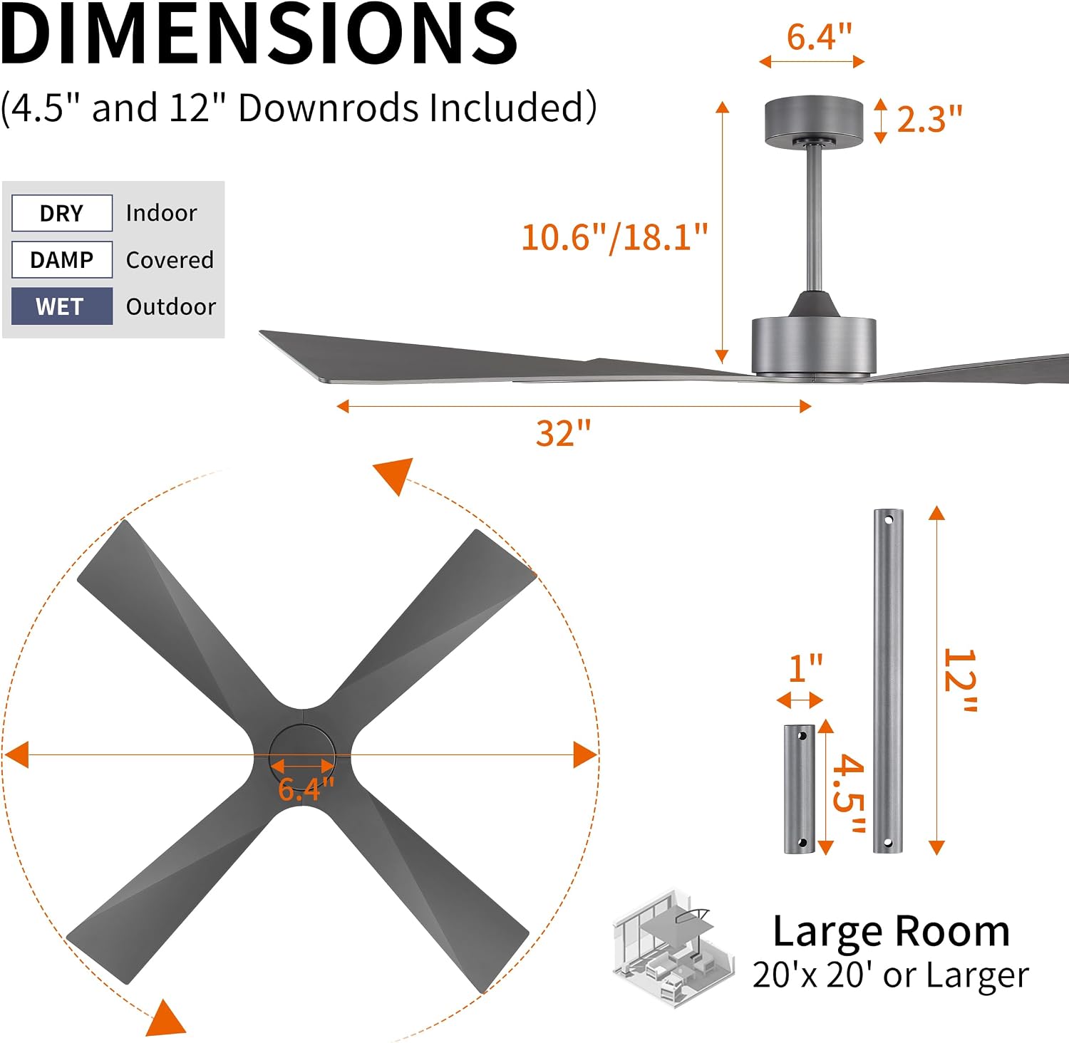 WINGBO 64' Wet Rated Outdoor Ceiling Fan without Lights, 4 ABS Plastic Blades, 6-Speed Reversible Quiet DC Motor, Waterproof Ceiling Fan No Lights for Patio Porch Gazebo Garage, Brushed Graphite