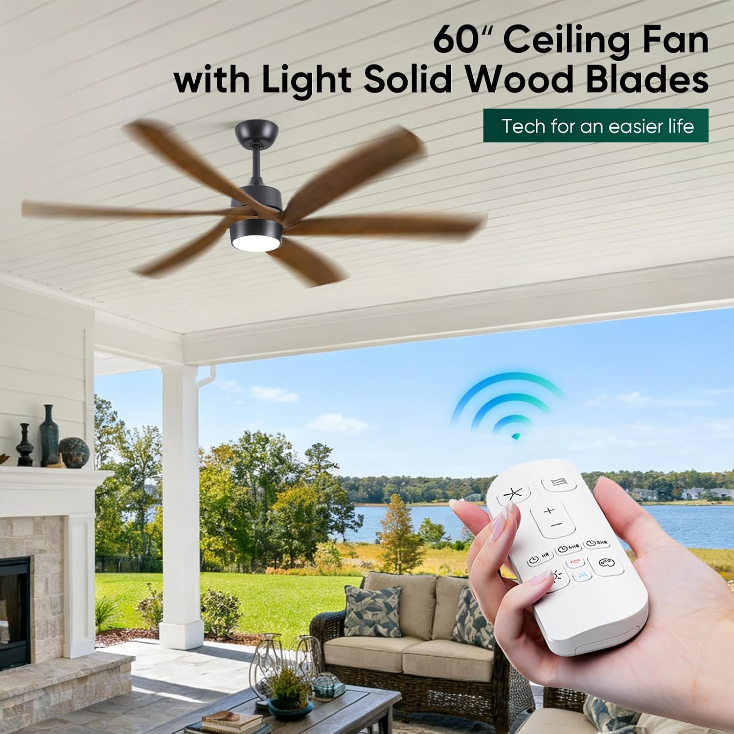 60 Inch Outdoor Ceiling Fan with Light and Remote, Damp Rated for Patio Porch, 6 Brown Solid Wood Blades, High CFM Quiet DC Motor, Modern Farmhouse Style for Indoor Living Room Bedroom Exterior Garage