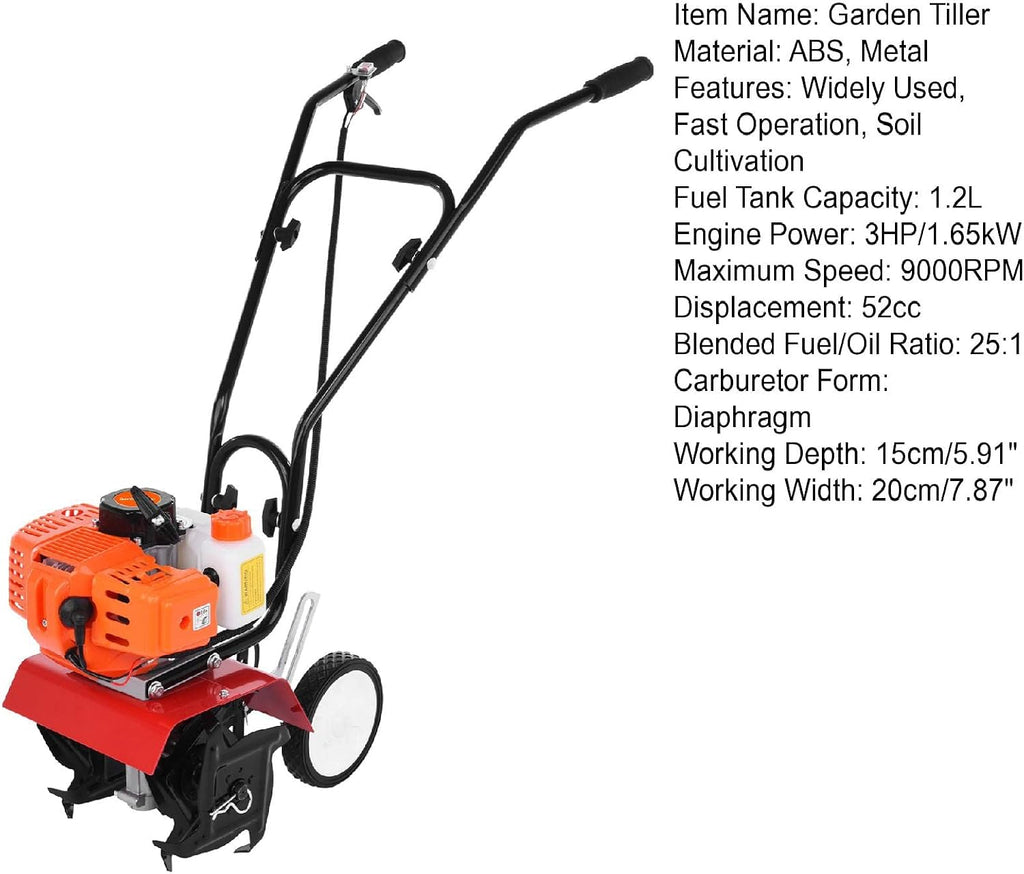 Garden Tiller,52cc 2 Stroke 9000RPM Gas Powered Cordless Tiller Cultivator,6-inch Depth Digging Petrol Cultivator 1.2L Fuel Tank Mini Tiller for Lawn Yard Soil Cultivation Orange