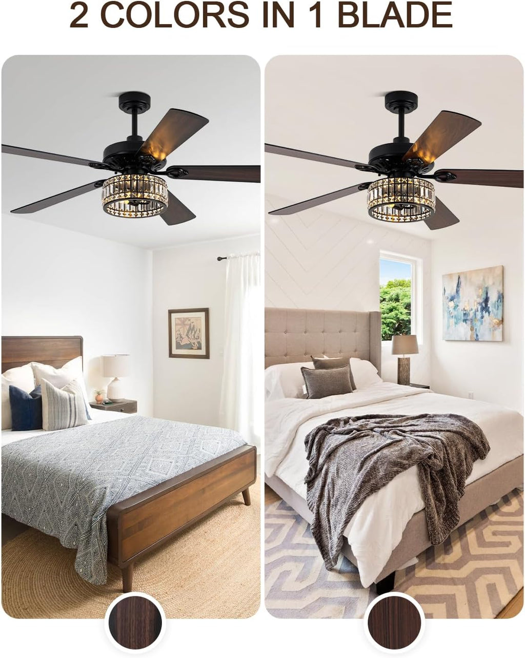 60 Inch Crystal Ceiling Fan with Lights Remote Large Chandelier Ceiling Fan Crystal Caged Fandelier, Indoor Outdoor 5 Dual Blades Reversible Quiet DC Motor 6 Speeds for Living Room Patio