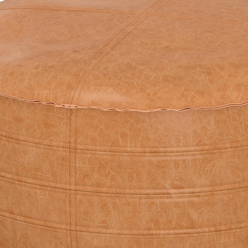 SIMPLIHOME Brody Round Coffee Table Pouf - 32 inch Wide Upholstered Vegan Leather Ottoman in Distressed Brown, Boho Footstool or Extra Seating for Living Room with Polystyrene Filling, Assembled