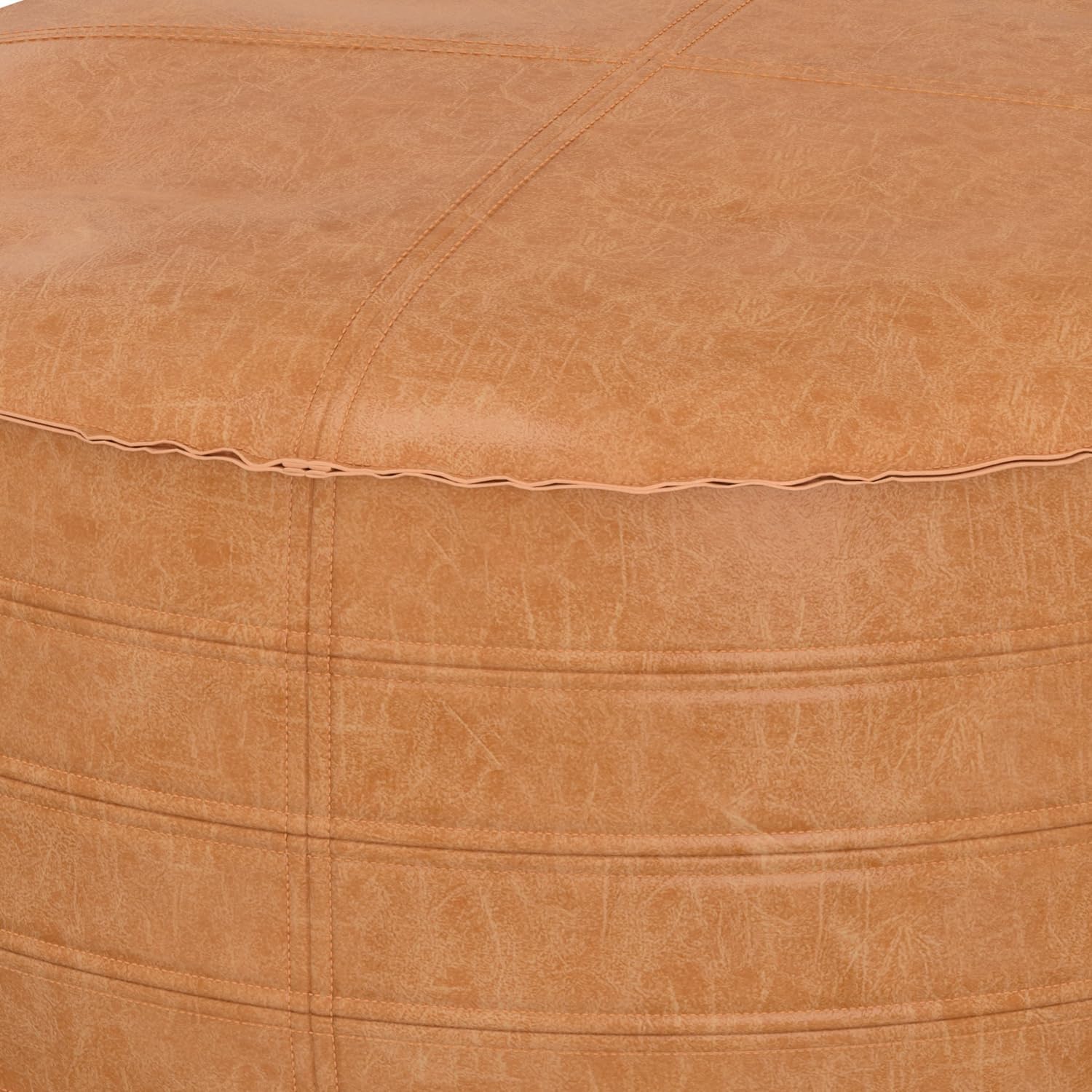 SIMPLIHOME Brody Round Coffee Table Pouf - 32 inch Wide Upholstered Vegan Leather Ottoman in Distressed Brown, Boho Footstool or Extra Seating for Living Room with Polystyrene Filling, Assembled