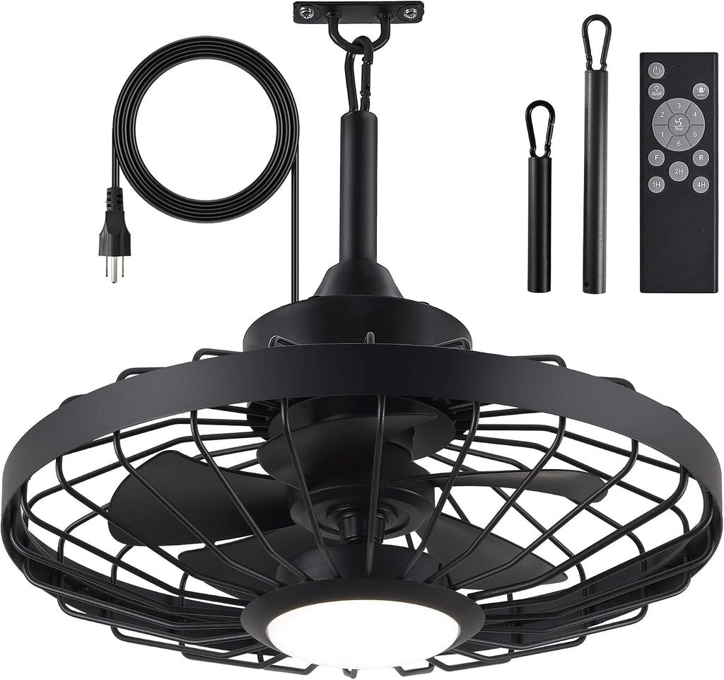 20 Inch Outdoor Ceiling Fan with Light and Remote - IP65 Waterproof, 3-Color LED (3000K-6000K), 16.5ft Cord, Hanging Hook - Black - for Patio, Gazebo, Porch