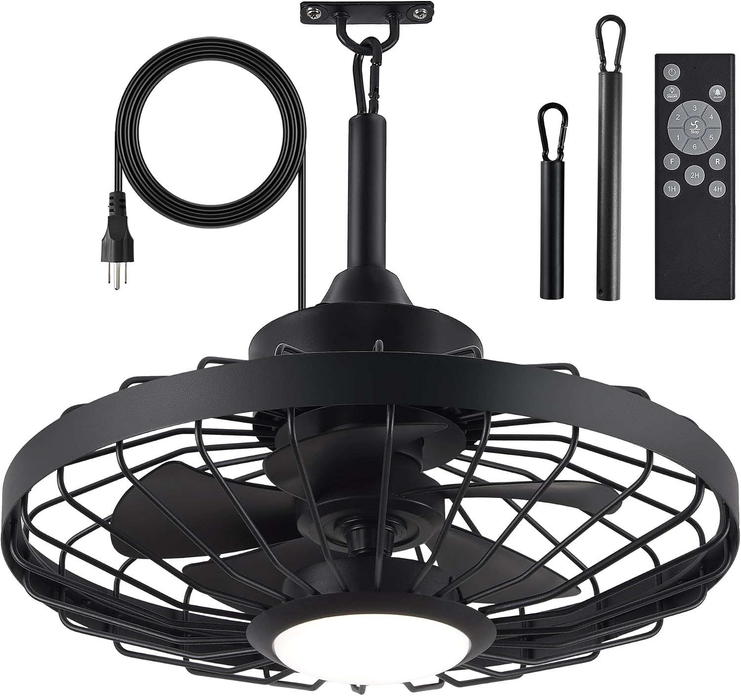 20 Inch Outdoor Ceiling Fan with Light and Remote - IP65 Waterproof, 3-Color LED (3000K-6000K), 16.5ft Cord, Hanging Hook - Black - for Patio, Gazebo, Porch