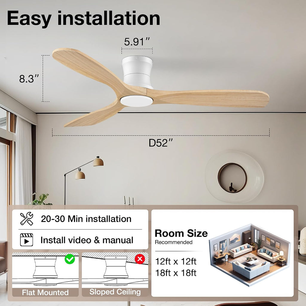 52' Wood Ceiling Fans with Lights Remote,Low Profile Flush Mount Ceiling Fan with Light,Outdoor Indoor Modern Ceiling fans for Bedroom Living room Patio,Light Wood&White,3 Blades,Dimmable LED,Quiet
