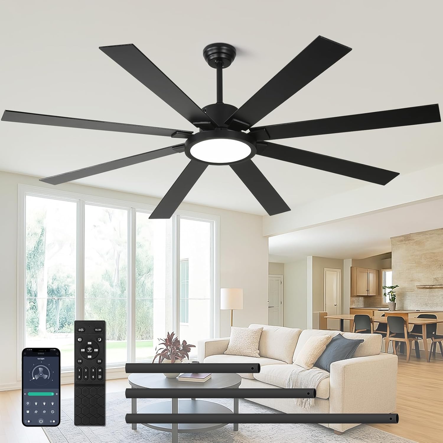 72 inch Ceiling Fans with Lights and Remote Control，Indoor/Outdoor Large Modern Ceiling Fan with 8 Blades, 3CCT, 6-Speed,Black Ceiling Fan for Patios/Garage/Shop/Living Room