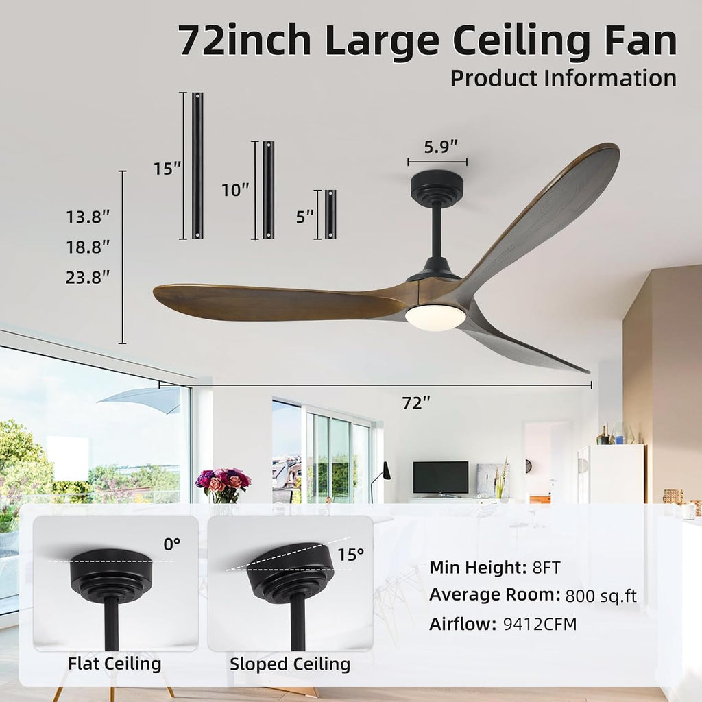 Ceiling Fan with Lights, 72'' Solid Wood Indoor/Outdoor Ceiling Fan with Quiet Reversible DC Motor, Compatible with Alexa/Google/App, 3CCT Dimmable, 6 Speeds Bronze Outdoor Fan for Patio Porch