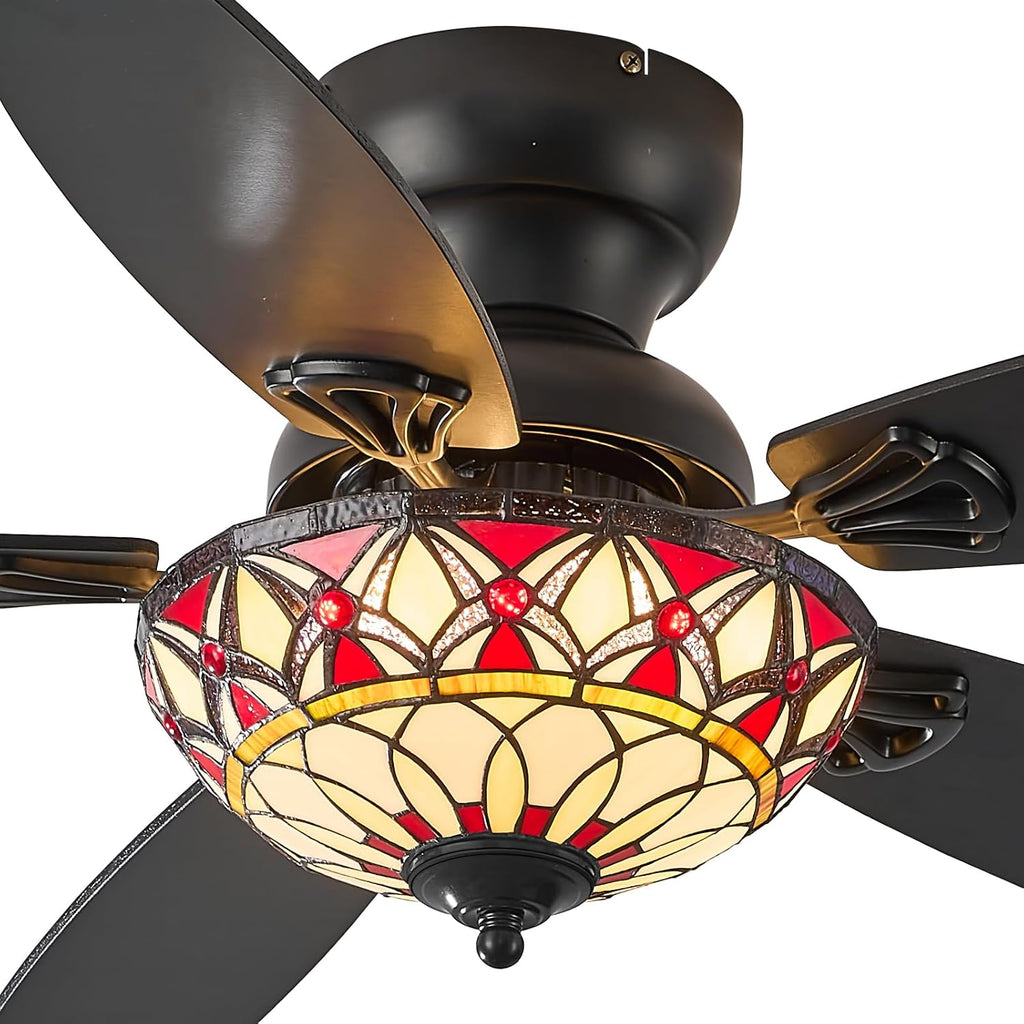 Tiffany Ceiling Fans with Lights - 48' Ceiling Fan Chandelier with 5 Dual-Blades and Glass Shade, 6 Speeds and Reversible, Indoor and Outdoor, Retro Style