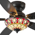 Tiffany Ceiling Fans with Lights - 48' Ceiling Fan Chandelier with 5 Dual-Blades and Glass Shade, 6 Speeds and Reversible, Indoor and Outdoor, Retro Style