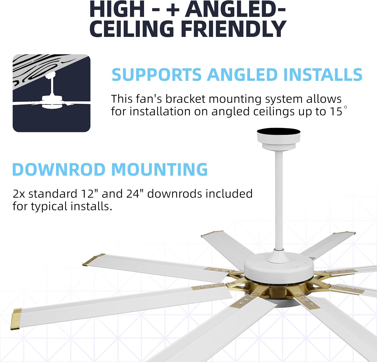 WINGBO 72' Large Industrial Ceiling Fans No Lights, 8 Aluminum Blades, 6-Speed Powerful Brushless DC Motor Reversible, High Volume 9760 CFM at 129 RPM, Commercial and Residential, Brass and White