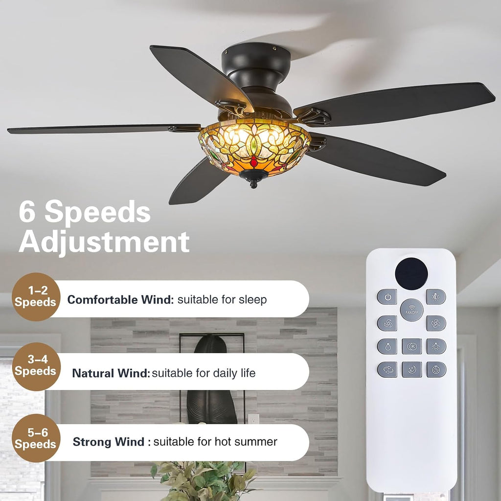 Ceiling Fans with Lights - 52' Ceiling Fan Chandelier with 5 Dual-Blades and Glass Shade, 6 Speeds and Reversible, Indoor and Outdoor, Retro Style