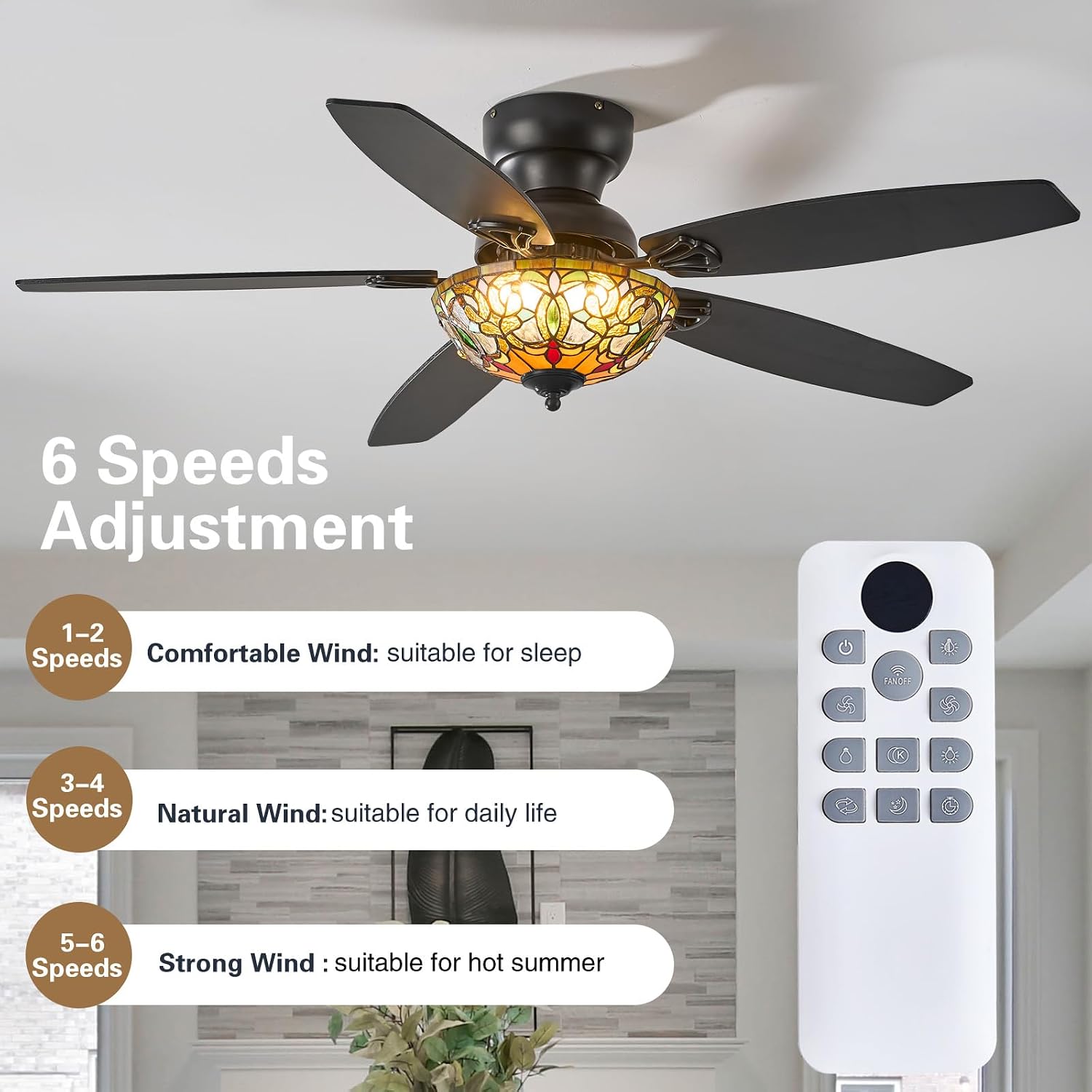 Ceiling Fans with Lights - 52' Ceiling Fan Chandelier with 5 Dual-Blades and Glass Shade, 6 Speeds and Reversible, Indoor and Outdoor, Retro Style