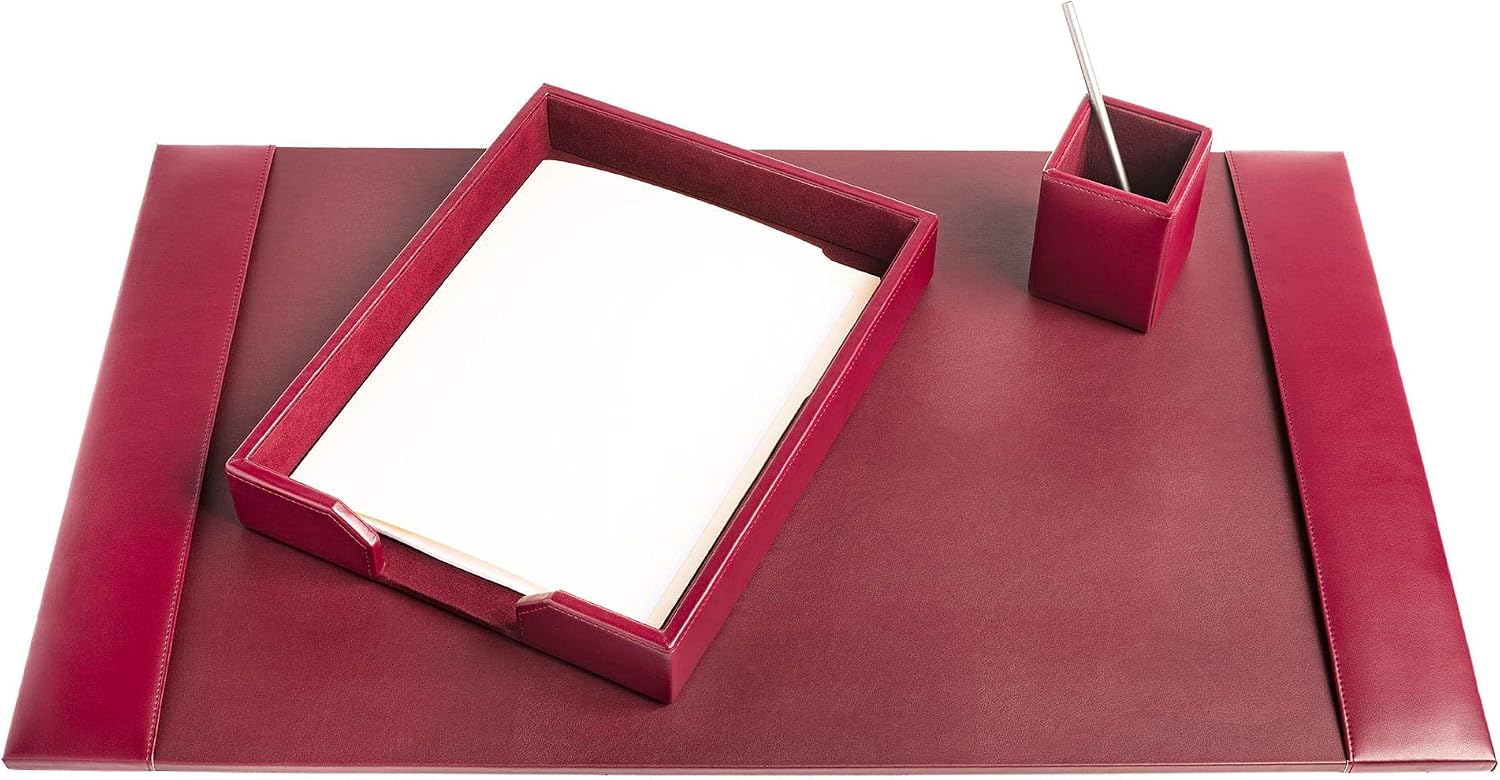 DACASSO Bonded Leather Desk Set - Luxury Leather Desk Pad & Desk Organization Essentials (Burgundy, 3 Piece)
