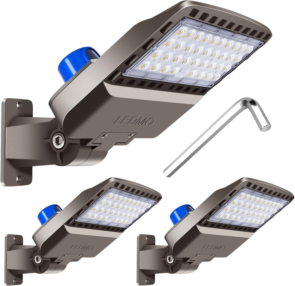ledmo LED Parking Lot Light Dusk to Dawn Outdoor Lighting with Adjustable Arm Mount 19500lm Waterproof Wall Light Fixtures 150W Flood Security Lighting for Garage Yard Shop Warehouse Barn(3 Pack)