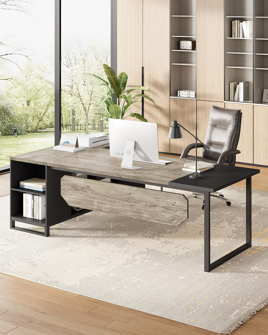 LITTLE TREE 70.8 Inches Executive Desk and 55 Inches File Cabinet Combo, Large L Shaped Computer Desk with Storage Cabinet and Shelves, Modern Business Furniture for Home Office, Grey & Black