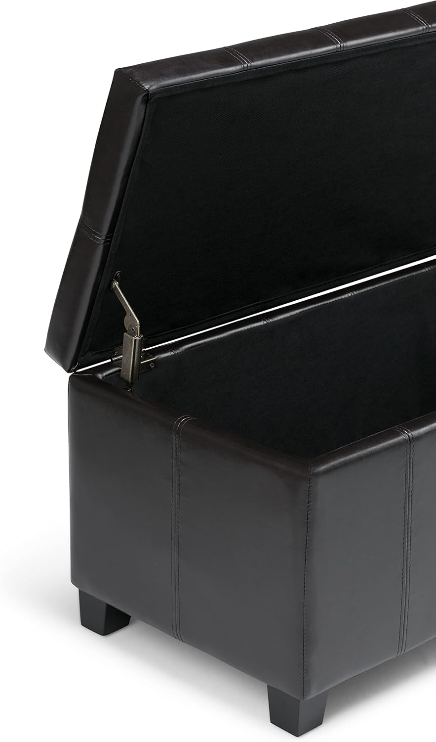 SIMPLIHOME Dover Storage Ottoman Bench - 36 inch Wide Upholstered Vegan Leather Rectangular Lift-Top Ottoman in Midnight Black, Contemporary Bench for Living Room with Safety Hinges