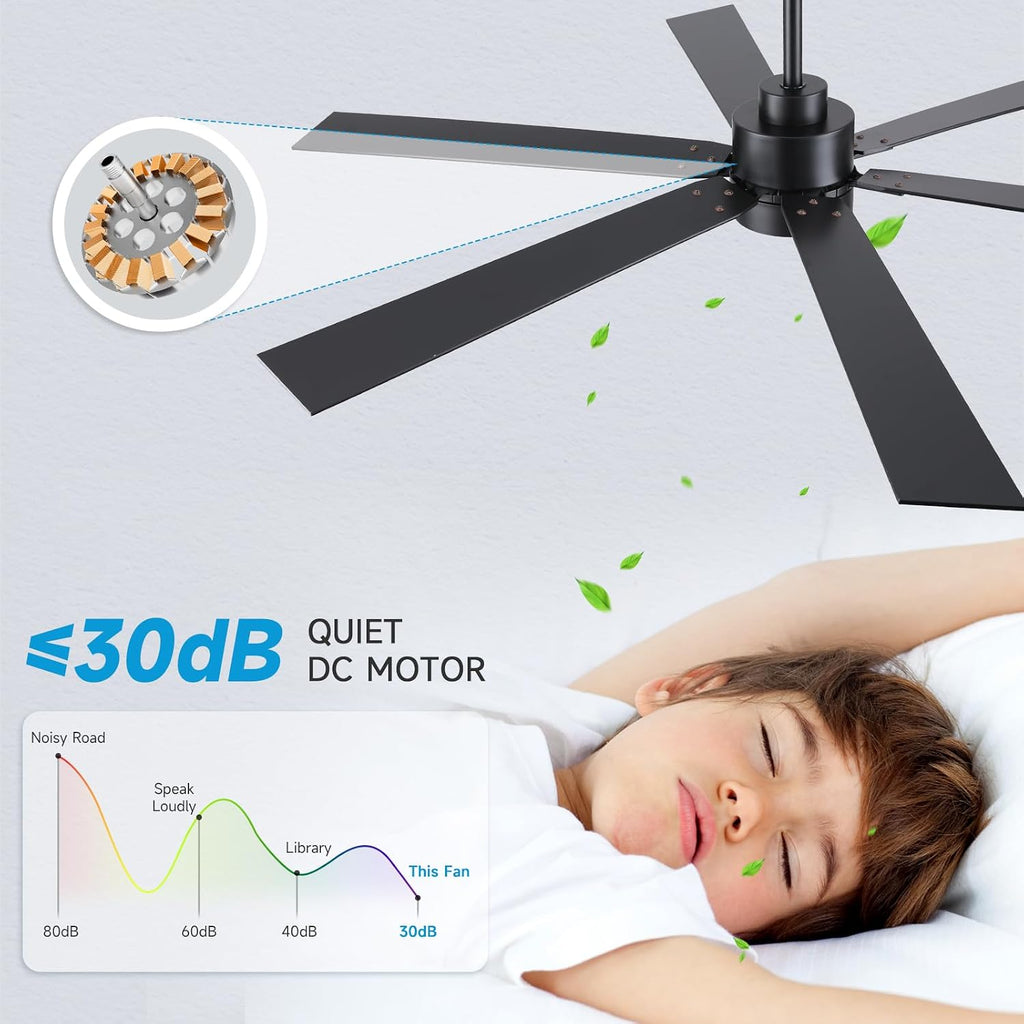 66 Inch Outdoor Ceiling Fan with Light, Large Matte Black Industrial Ceiling Fan with 6 Reversible Blades, High CFM Quiet DC Motor Exterior Fan for Porch Garage Shop Commercial