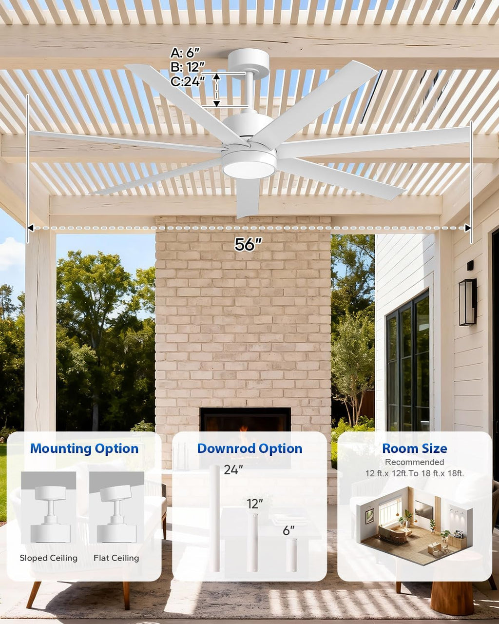 Outdoor Smart Ceiling Fan with Light Waterproof for Patio, Wet Rated All Weather Fan with UV Coating, App/Voice/Remote Control, High CFM, 56 IN White Ceiling Fan for Pergola Porch Gazebo Terraces