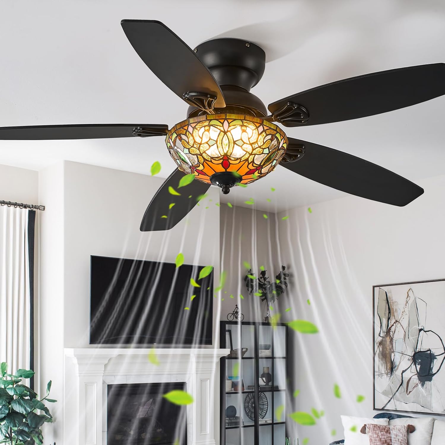 Tiffany Ceiling Fans with Lights - 48' Ceiling Fan Chandelier with 5 Dual-Blades and Glass Shade, 6 Speeds and Reversible, Indoor and Outdoor, Retro Style