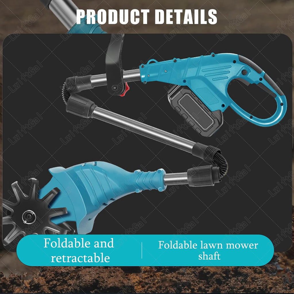 21v Cordless Tiller Cultivator, Gardening Tillers with 270RPM, 1 or 2 Battery Set, 20cm Width 25cm Depth, Portable for Lawn Garden Small Space Blue-DualBlades-2batteries
