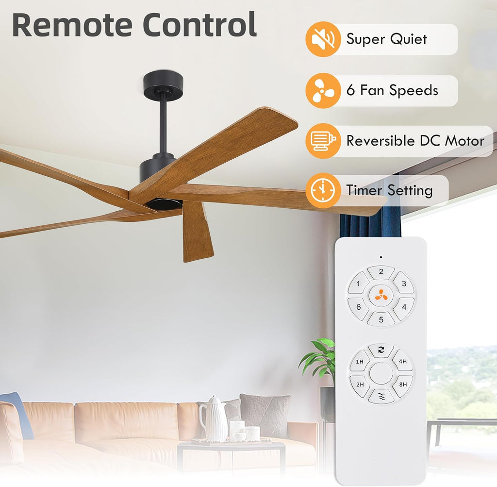 WINGBO 64' ABS DC Ceiling Fan No Light, 5 Blade ABS Plastic Ceiling Fan with Remote, 6-Speed Reversible DC Motor, Ceiling Fans without Light for Kitchen Bedroom Living Room, Matte Black and Walnut