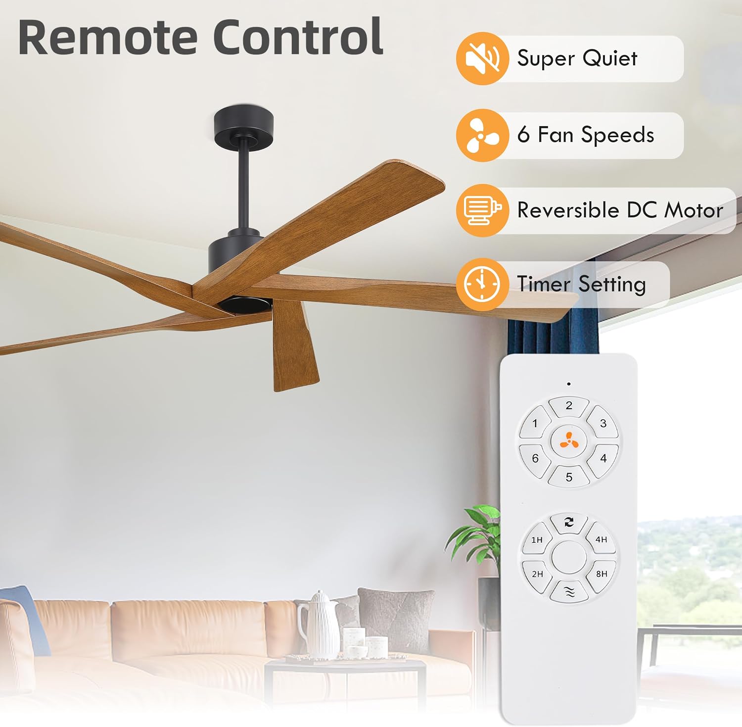 WINGBO 64' ABS DC Ceiling Fan No Light, 5 Blade ABS Plastic Ceiling Fan with Remote, 6-Speed Reversible DC Motor, Ceiling Fans without Light for Kitchen Bedroom Living Room, Matte Black and Walnut