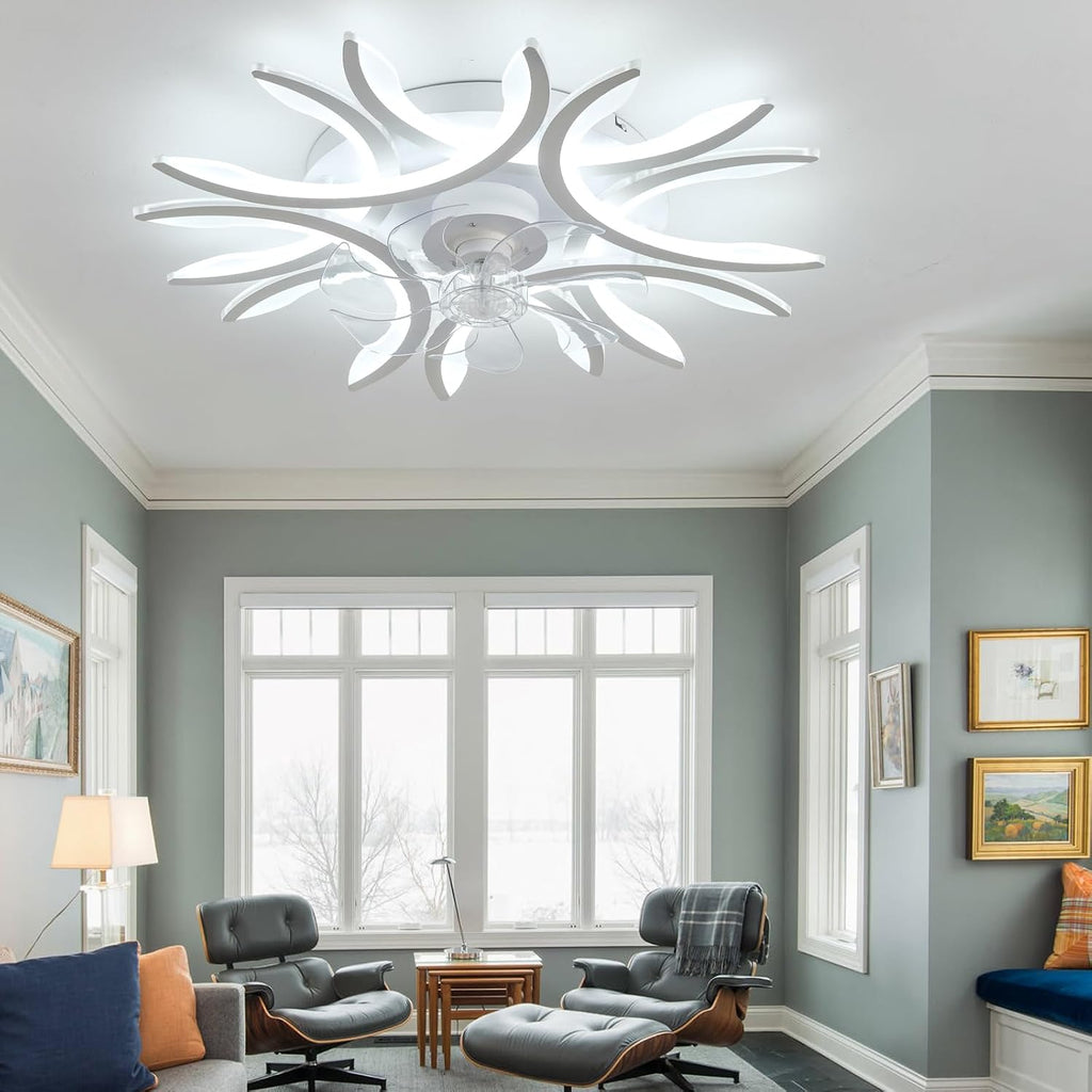 Dimmable LED Ceiling Fan with Light Alexa Compatible 6-Speed Reversible for Bedroom & Living Room Modern Design Timer Memory Function Energy Efficient (White Remote Control+APP)