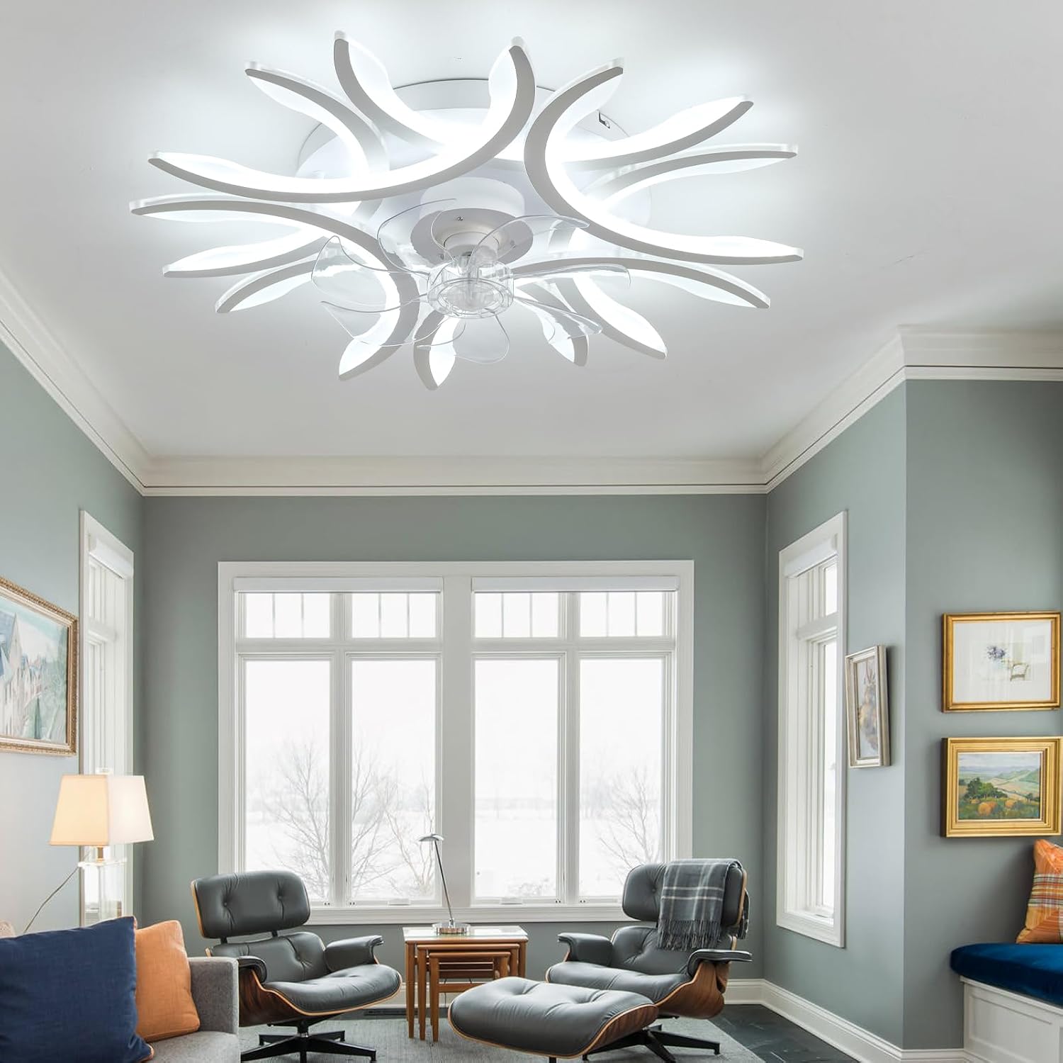 Dimmable LED Ceiling Fan with Light Alexa Compatible 6-Speed Reversible for Bedroom & Living Room Modern Design Timer Memory Function Energy Efficient (White Remote Control+APP)