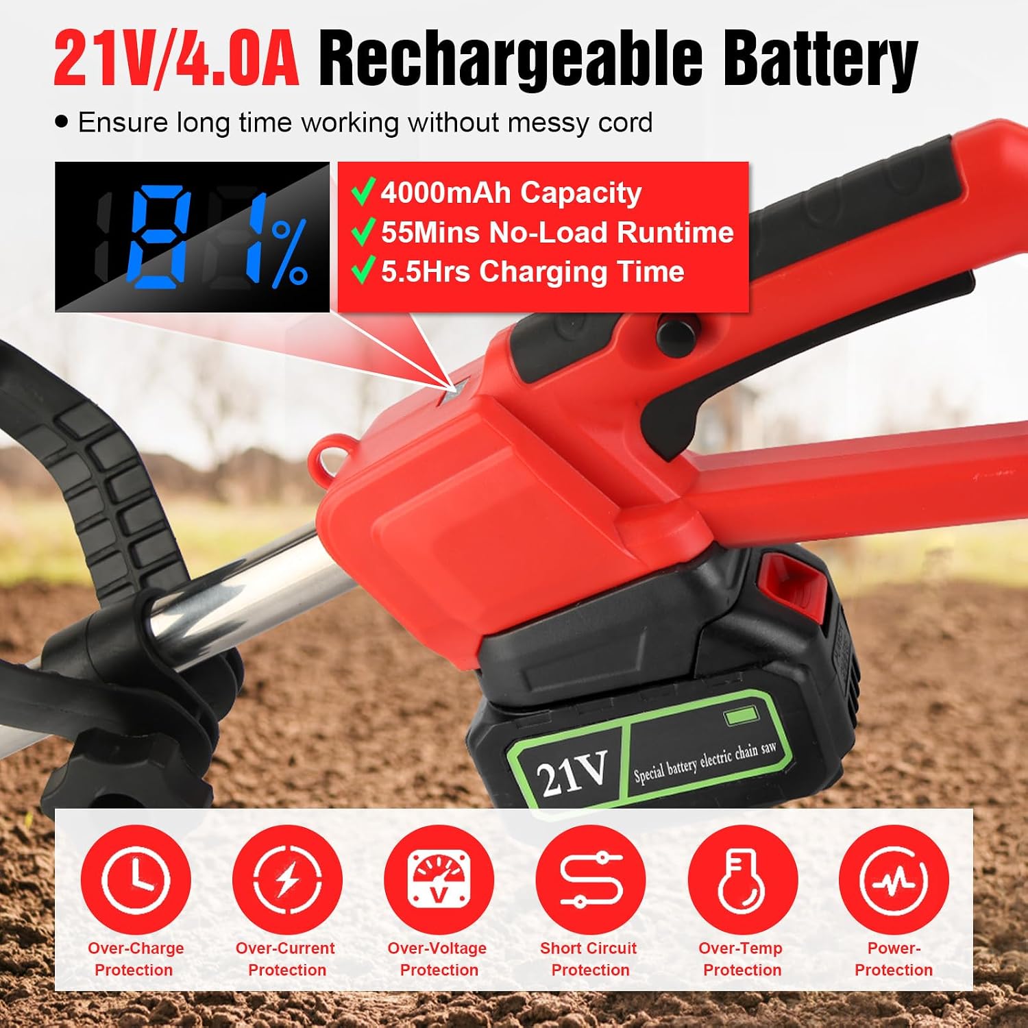 21V Cordless Tiller Cultivator, 300 RPM Electric Garden Rototiller with 4.0Ah Batteries & Charger, 9In Tilling Width and 9In Depth Garden Tiller with 16 Steel Tines for Yard, Soil Digging