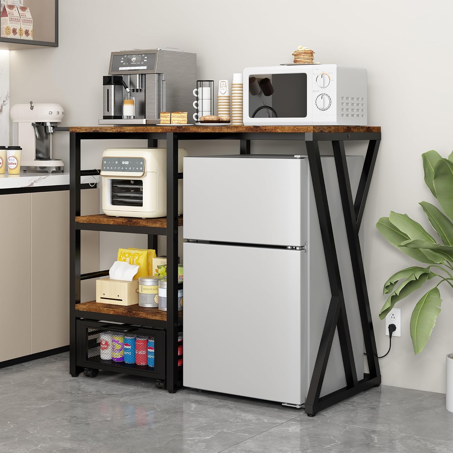 Beverage & Wine Fridge Stand with Movable Basket, Coffee Bar Cabinet with Mini Fridge Space and Power Outlet, Kitchen Storage Organizer with Worktop, Microwave Oven Stand Rack for Home, Dorm, Office