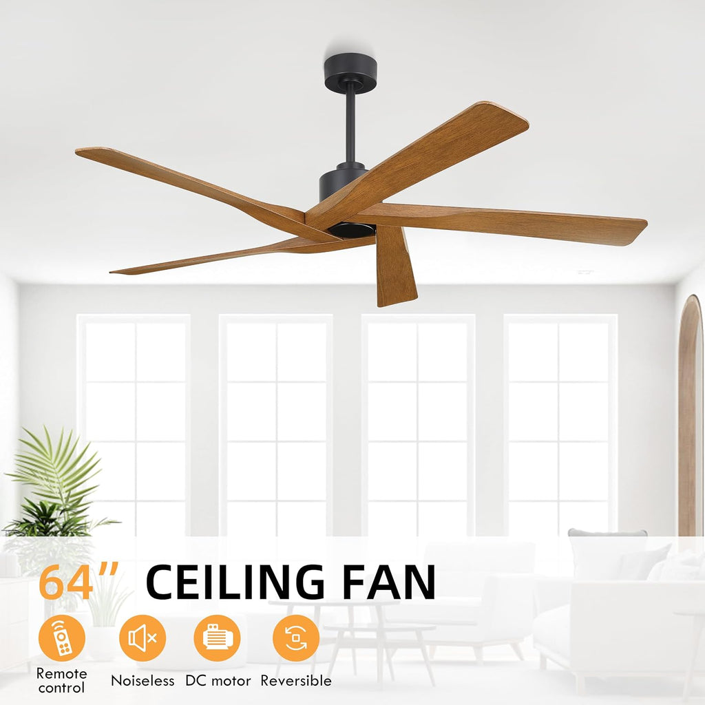 WINGBO 64' ABS DC Ceiling Fan No Light, 5 Blade ABS Plastic Ceiling Fan with Remote, 6-Speed Reversible DC Motor, Ceiling Fans without Light for Kitchen Bedroom Living Room, Matte Black and Walnut