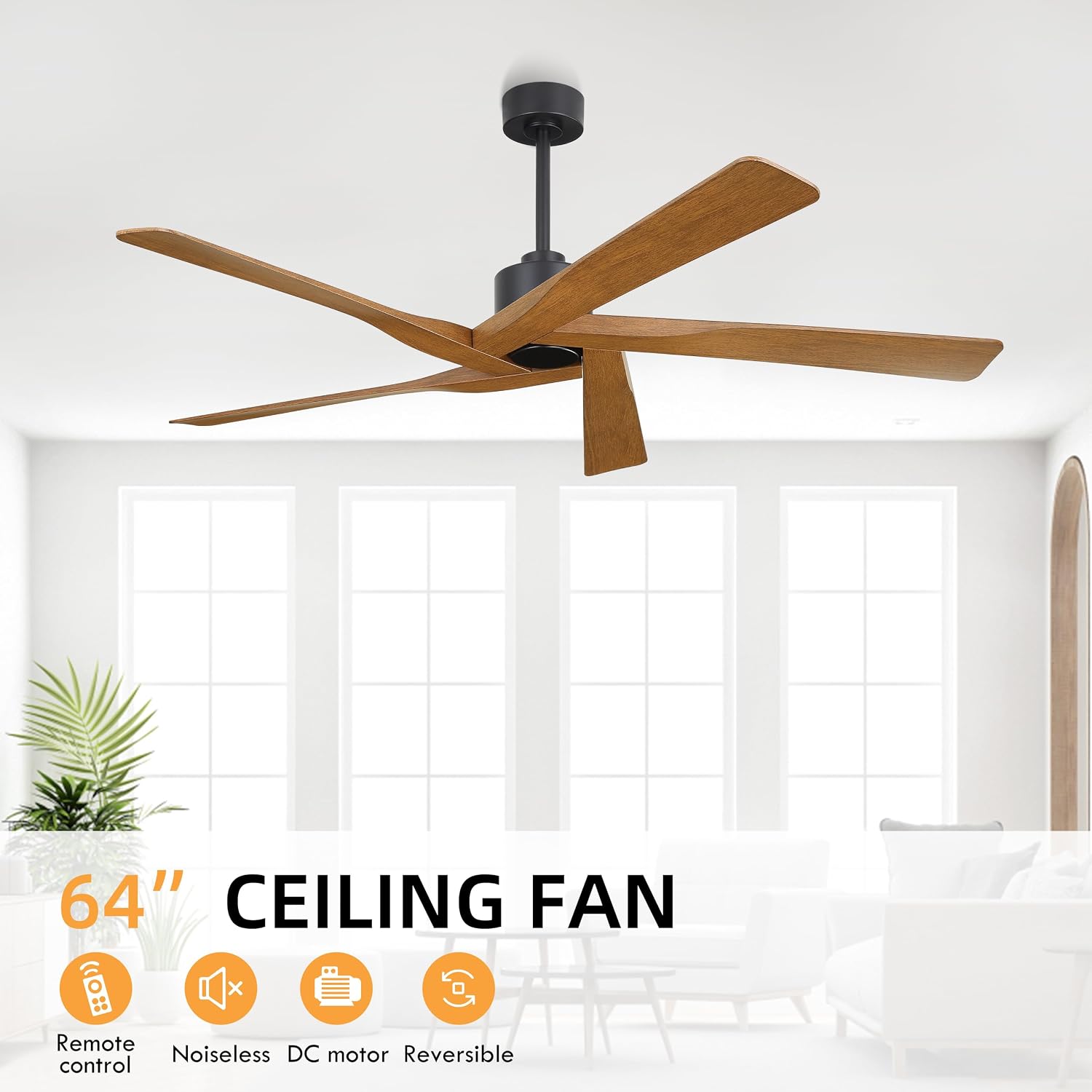 WINGBO 64' ABS DC Ceiling Fan No Light, 5 Blade ABS Plastic Ceiling Fan with Remote, 6-Speed Reversible DC Motor, Ceiling Fans without Light for Kitchen Bedroom Living Room, Matte Black and Walnut