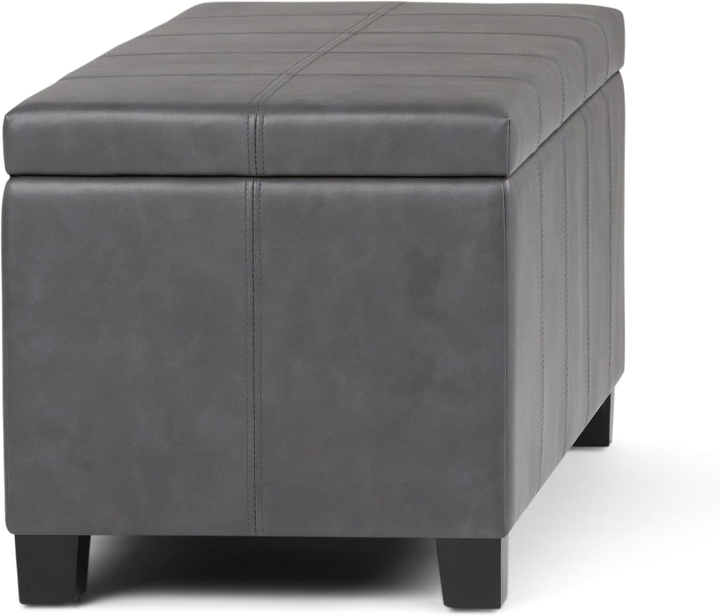 SIMPLIHOME Dover Storage Ottoman Bench - 36 inch Wide Upholstered Vegan Leather Rectangular Lift-Top Ottoman in Stone Grey, Contemporary Bench for Living Room with Safety Hinges