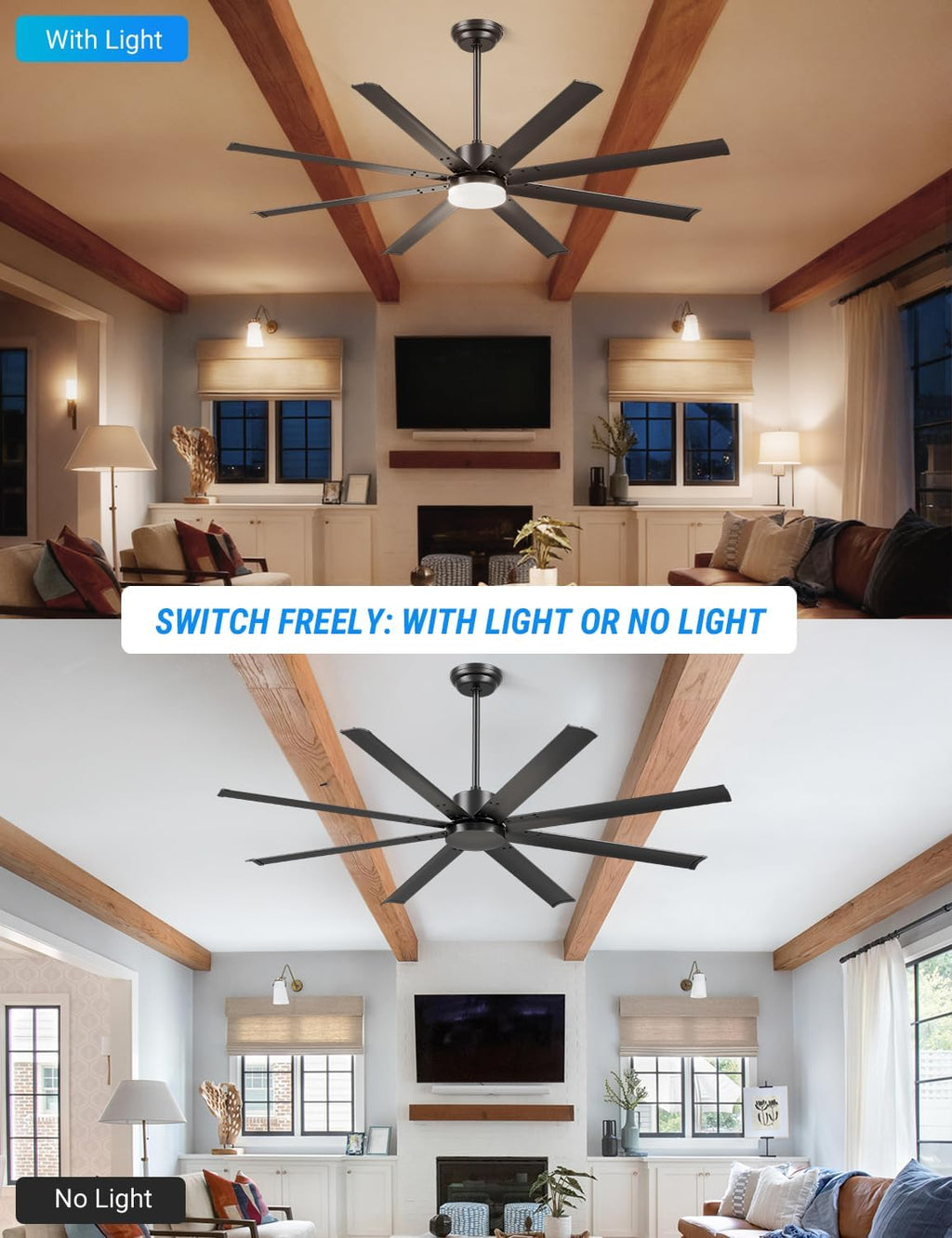 Carrefour 72 Inch Ceiling Fan with Lights, Industrial HVLS Large Ceiling Fans, 8 Aluminum Blades, Quiet DC Motor, APP/Remote/Wall Control, 3 Downrods Included, Damp Rated for Garage Living Room