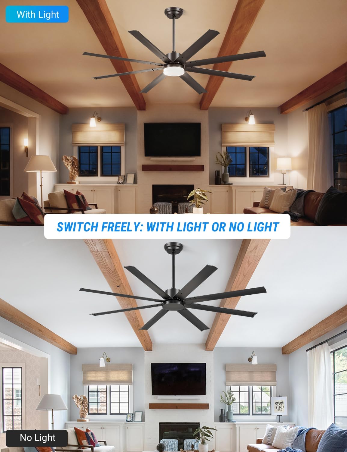 Carrefour 72 Inch Ceiling Fan with Lights, Industrial HVLS Large Ceiling Fans, 8 Aluminum Blades, Quiet DC Motor, APP/Remote/Wall Control, 3 Downrods Included, Damp Rated for Garage Living Room