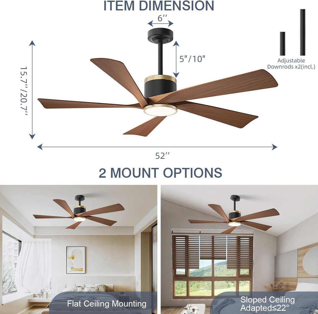 TXCSLY 52'' Ceiling Fans with Lights, Modern Ceiling Fan with Remote Control, Indoor Outdoor Ceiling Fan for Living Room,Bedroom 5 Blade 3 Color Tempearture (Walnut)